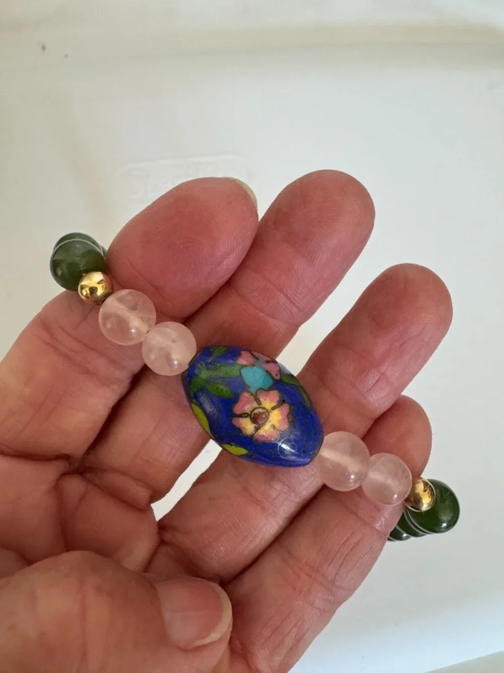 Necklace Jade Beads with Enamel Cloisonne, Rose Quartz, Amethyst and Gold 22